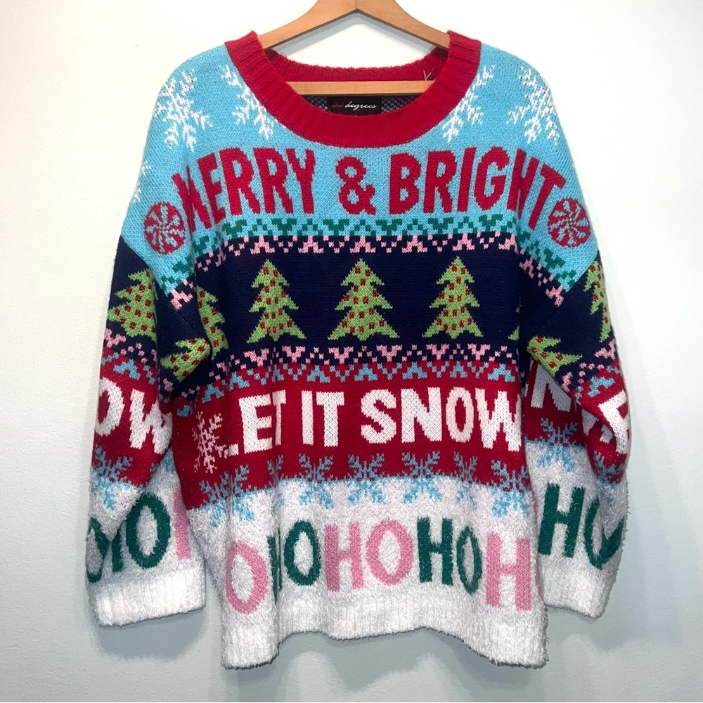 33 Degrees Ugly Christmas Sweater Size Large Let it Snow Merry & Bright Stripe